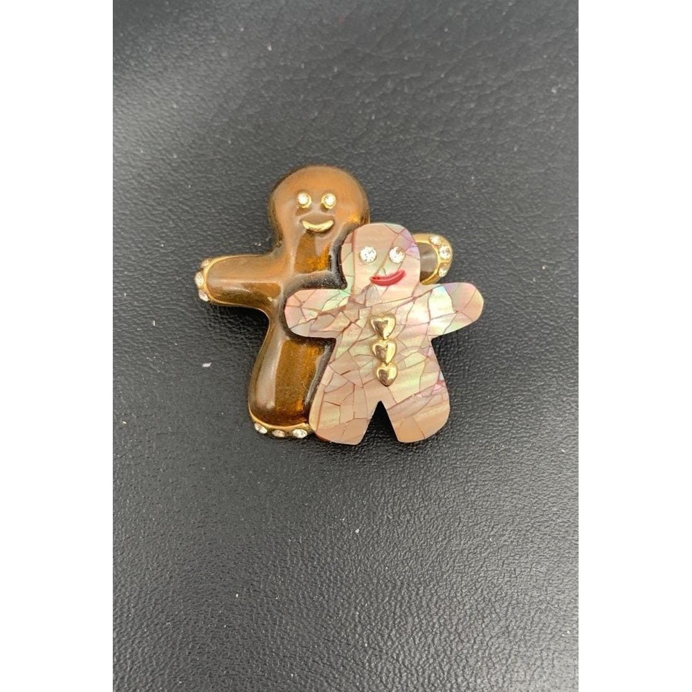 Vintage‎ Liz Claiborne Gingerbread Brooch Pin Enameled MOP Gold Tone Holiday